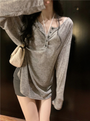 Pure lust style T-shirt women's thin sunscreen V-neck long-sleeved blouse loose slimming top