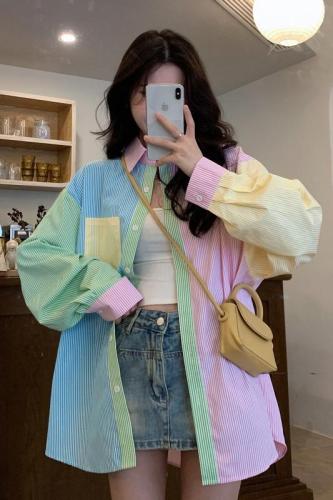 Design sense niche sweet candy color contrast long-sleeved shirt women's  autumn fashion tops ins trend