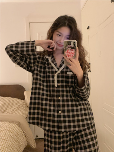 Spring and Autumn Korean style lazy plaid ins casual lapel long sleeve sweet home wear pajamas set for women