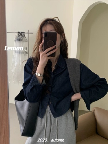 THE LEMON Lemon Green Tea Retro Dark Denim Shirt Women's Autumn Loose and Versatile Long-sleeved Shirt