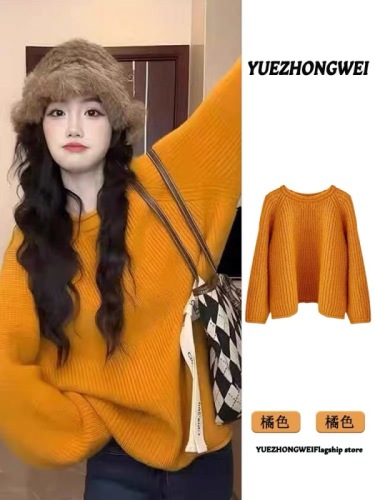 Orange round neck pullover sweater for women in autumn and winter, Korean atmosphere, lazy style sweater, early autumn chic top