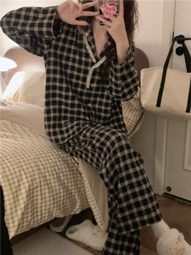 Spring and Autumn Korean style lazy plaid ins casual lapel long sleeve sweet home wear pajamas set for women