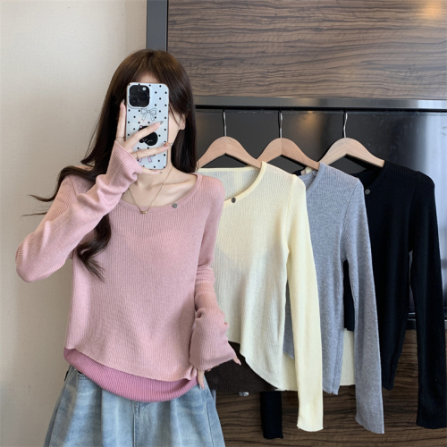 Actual shot of new sweet style contrasting color stitching fake two-piece knitted sweater loose top