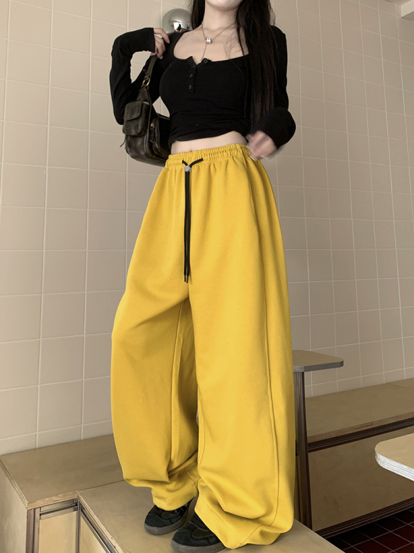 Lazy gray casual pants, autumn sweatpants, women's high-waisted straight pants, wide-leg pants, long trousers, drapey floor-length pants