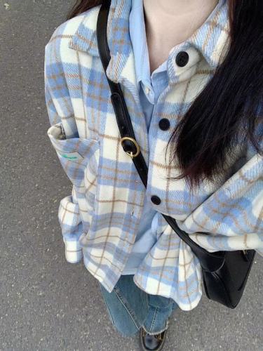 Thick woolen blue plaid shirt women's 2024 autumn new Hong Kong style chic long-sleeved top jacket