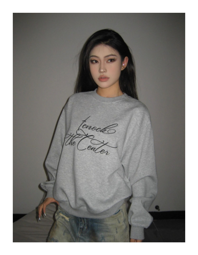 CVC cotton pasta wool Chinese cotton composite/milk silk 300g silver fox velvet 400g front printed round neck sweatshirt for women