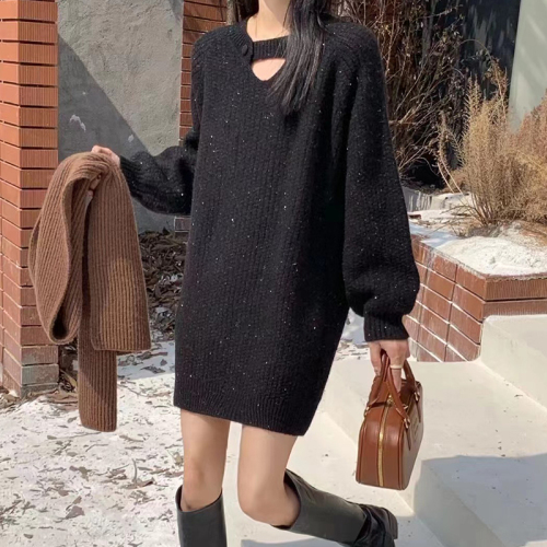 2024 new winter style pullover bright silk thread loose and versatile Korean style mid-length wool knitted sweater dress for women