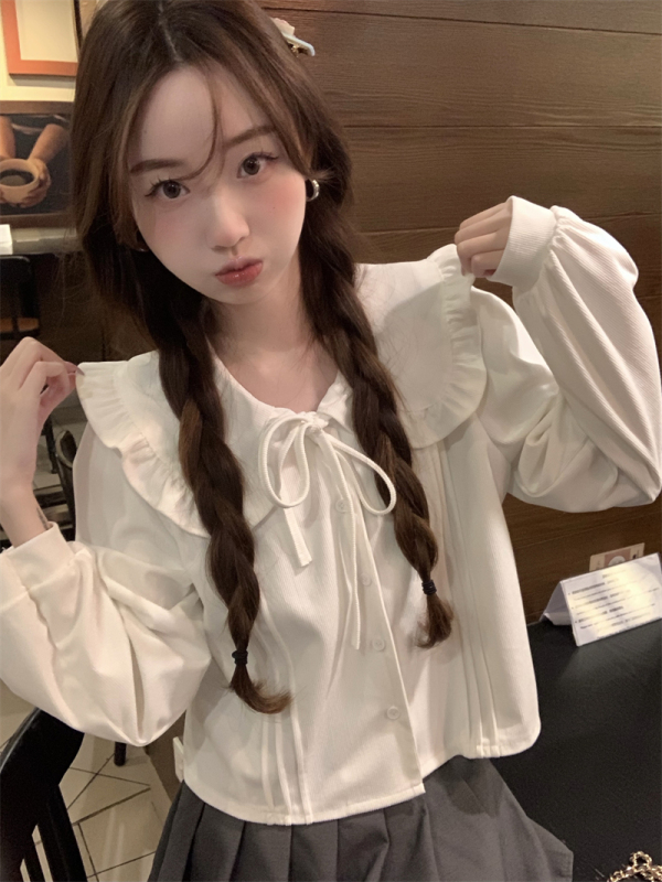 Baby doll collar lace-up long-sleeved shirt women's single-breasted short chic top