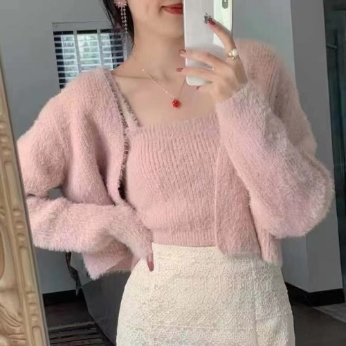 2024 Spring and Autumn New Loose Cardigan Knitted Sweater Jacket Women's Camisole Top Imitation Mink Velvet Two-piece Set