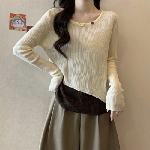 Actual shot of new sweet style contrasting color stitching fake two-piece knitted sweater loose top