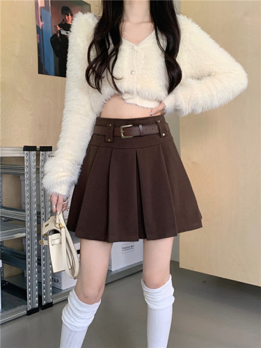 Real shot of 2024 new autumn and winter woolen skirt for women, high waist slimming A-line pleated skirt, short skirt with belt