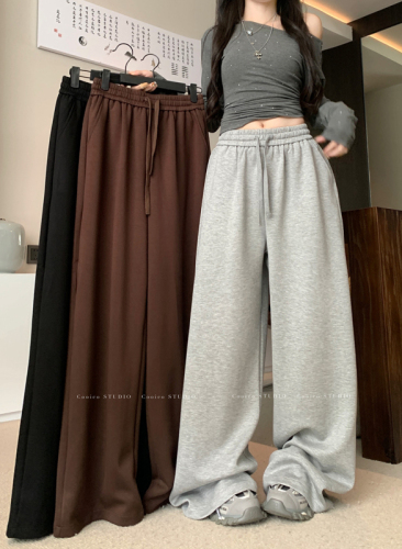 Lazy gray casual pants, autumn sweatpants, women's high-waisted straight pants, wide-leg pants, long trousers, drapey floor-length pants