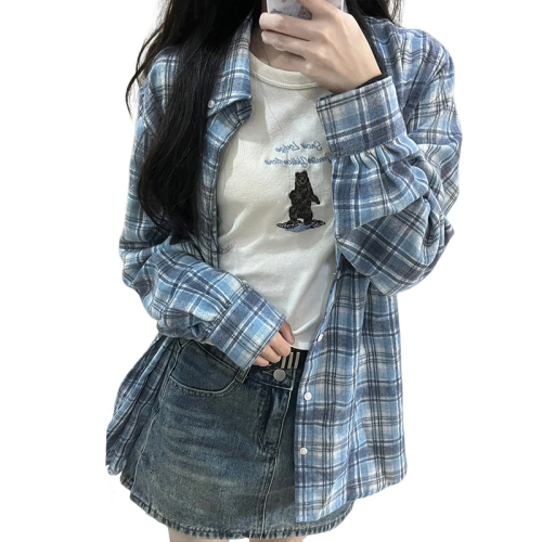 American retro blue plaid long-sleeved shirt for women spring and autumn new sun protection shirt top loose jacket summer