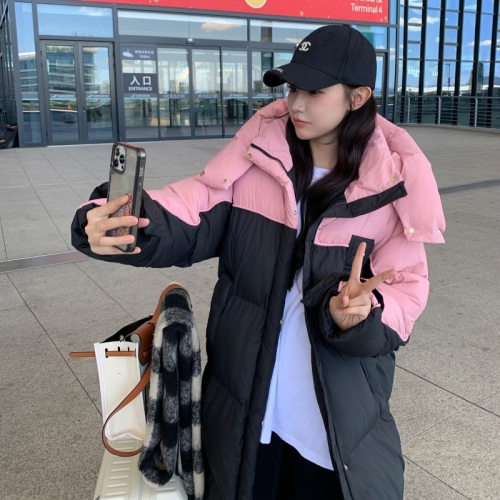 Actual shot of 2024 new winter Korean style hooded cotton coat, long thickened warm cotton coat, loose color matching coat for women