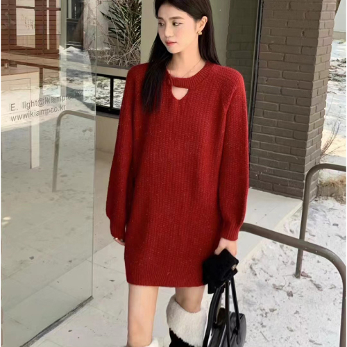 2024 new winter style pullover bright silk thread loose and versatile Korean style mid-length wool knitted sweater dress for women