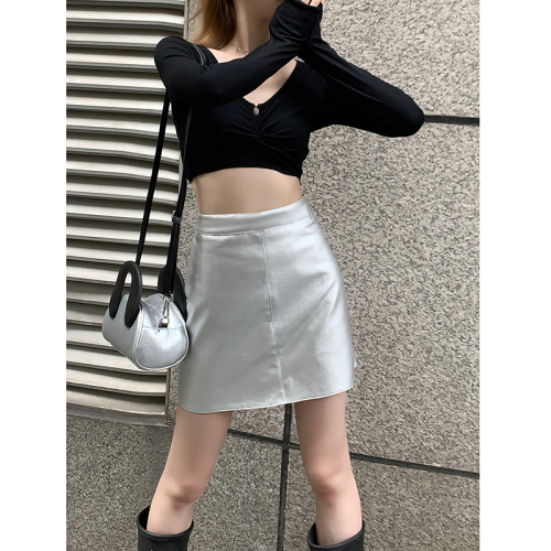 Real shot!  2024 new autumn Korean style high-waisted leather skirt half-length temperament small leather skirt one-step skirt a-line skirt PU short