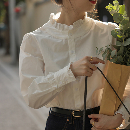 French white shirt top for women spring and autumn new niche design high-end doll stand-up collar shirt