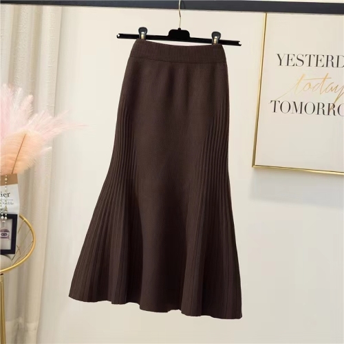 2024 Autumn and Winter New High Waist Slim Knitted Skirt Women's Over-the-Knee Fishtail Skirt Mid-Length Ruffled Hip-covering Skirt