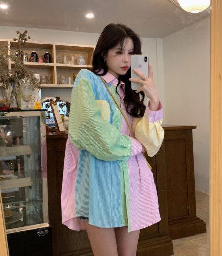 Design sense niche sweet candy color contrast long-sleeved shirt women's  autumn fashion tops ins trend