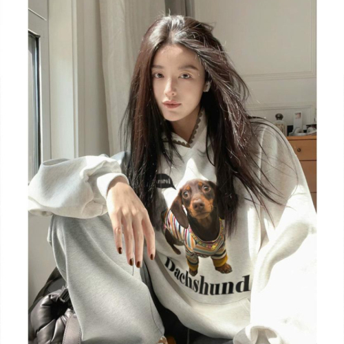 Heavy Chinese cotton/silver fox velvet double-layer hat dog letter print sweatshirt