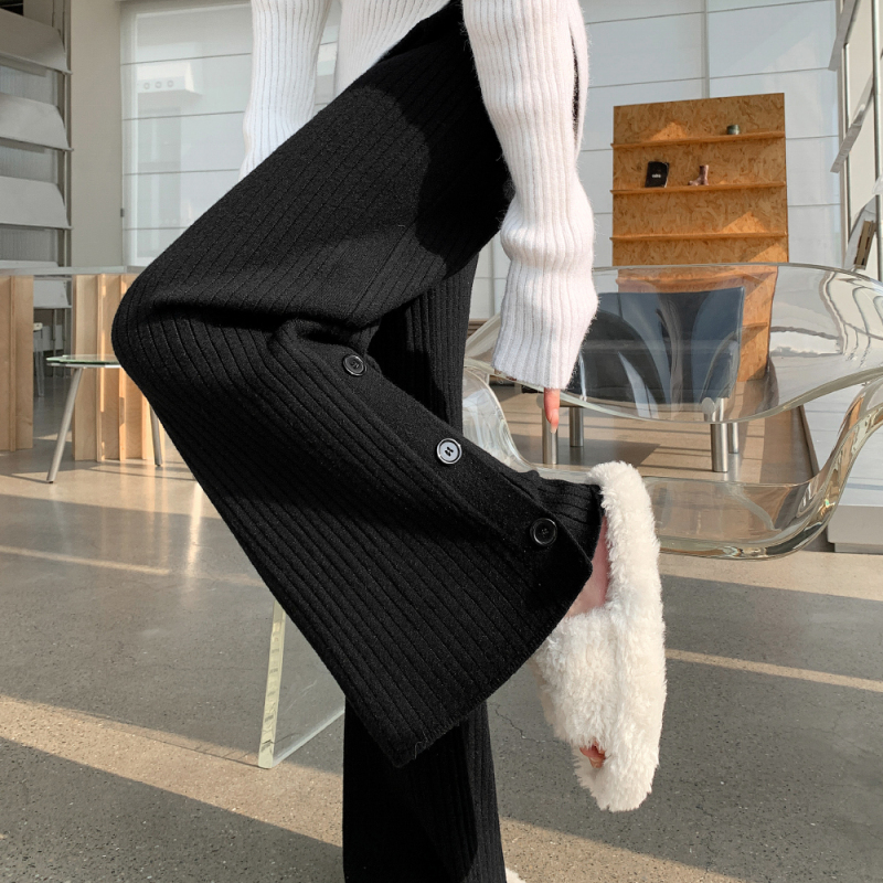 Slit knitted wide-leg pants for women in fall and winter, loose outerwear, high-waisted, casual, comfortable, straight-leg floor-length pants