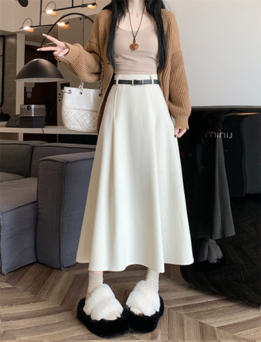 Korean style high-waist slim woolen pleated mid-length skirt, versatile loose A-line skirt with large hem