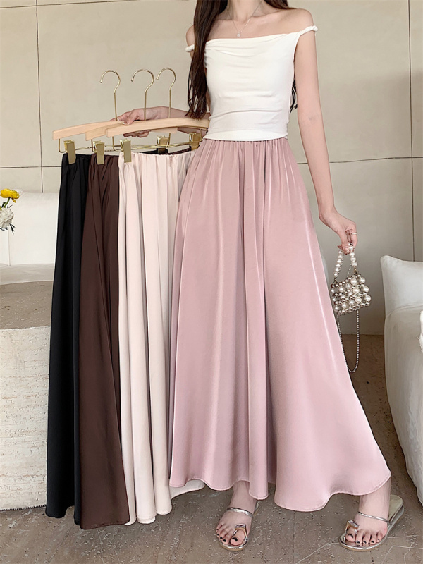 Large size high-end acetate silk skirt for women, high-waisted, slimming, large swing skirt, A-line long skirt
