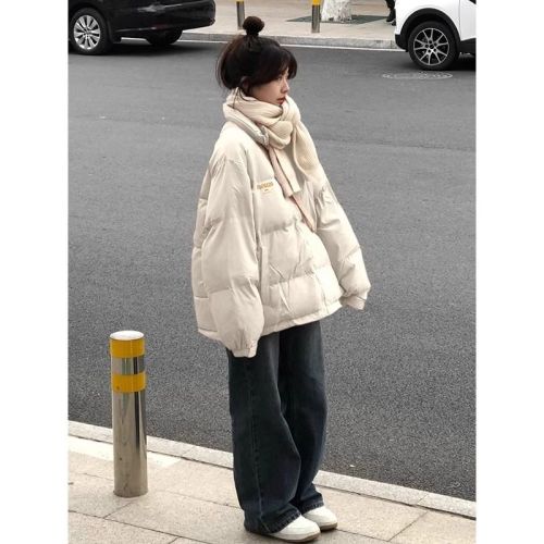 Women's winter new style loose thickened printed stand collar drawstring zipper cotton coat