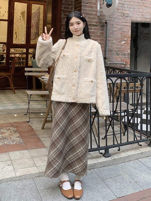 Temperament plush autumn and winter small fragrant style short coat high waist plaid woolen skirt suit