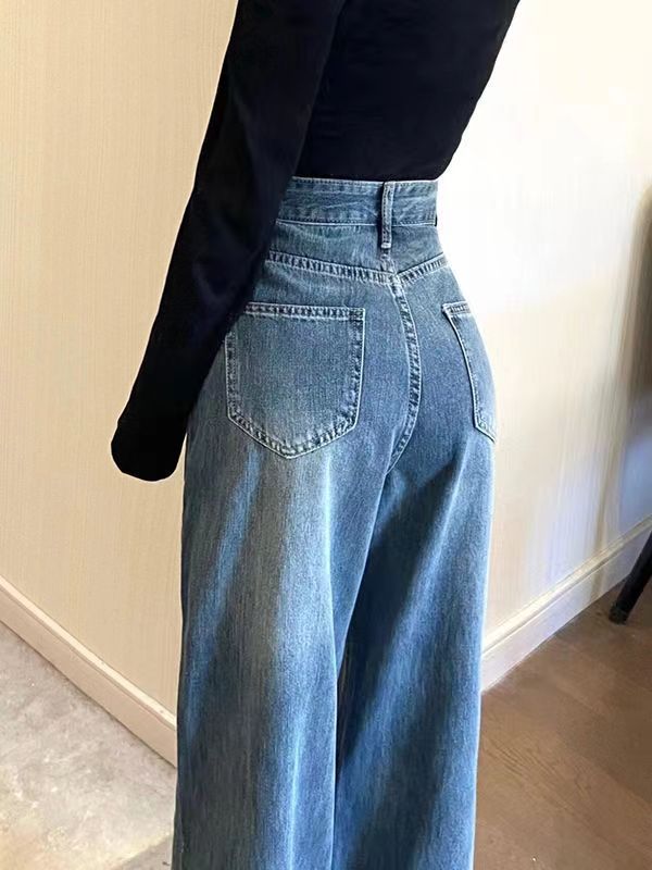 Ready stock~American high-waisted jeans for women to look slimmer and taller in spring, loose, straight-leg design, wide-leg floor-length pants