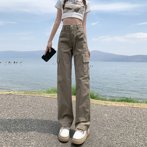 High-waisted straight overalls denim women's spring and summer loose slimming wide-leg pants American retro casual pants