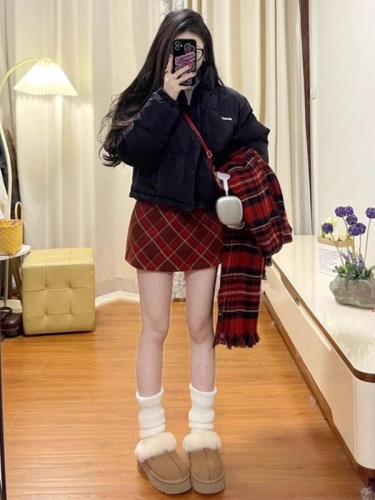 High quality spot#Small retro woolen plaid skirt for women autumn high waist a line short skirt hip skirt xs