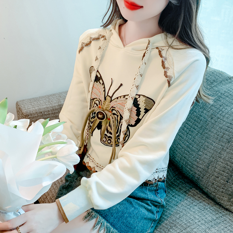 Retro Hong Kong style butterfly embroidery casual hooded long-sleeved women's early autumn and winter new loose design top