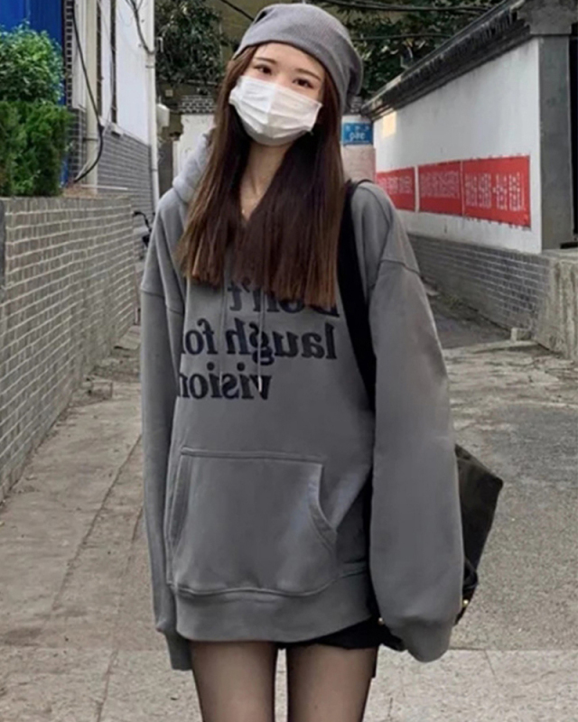310g imitation cotton interwoven fabric, non-pilling, winter velvet sweatshirt for women with hooded print, double layer hood with back strip