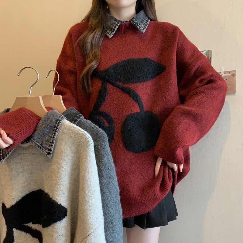 Plus size women's winter new fat MM denim collar splicing thickened warm versatile loose sweater
