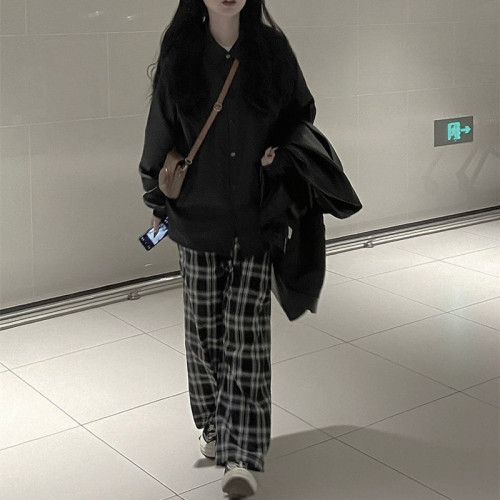 Black plaid sports casual pants for women, large size, loose, new style, high waist, simple drape, wide leg trousers, trendy