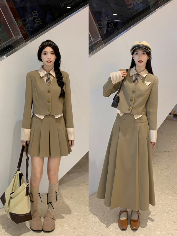 Retro college style fake two-piece short blazer slimming skirt two-piece suit