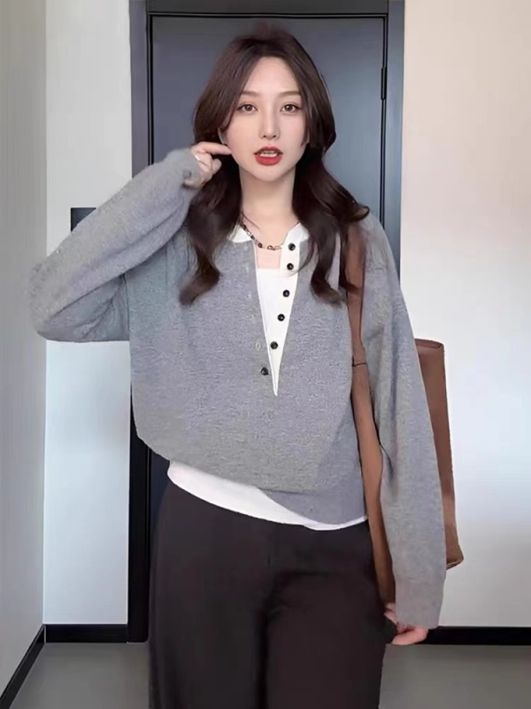 Women's fake two-piece sweater sweater early autumn new fat mm loose belly-covering slimming inner wear outer top