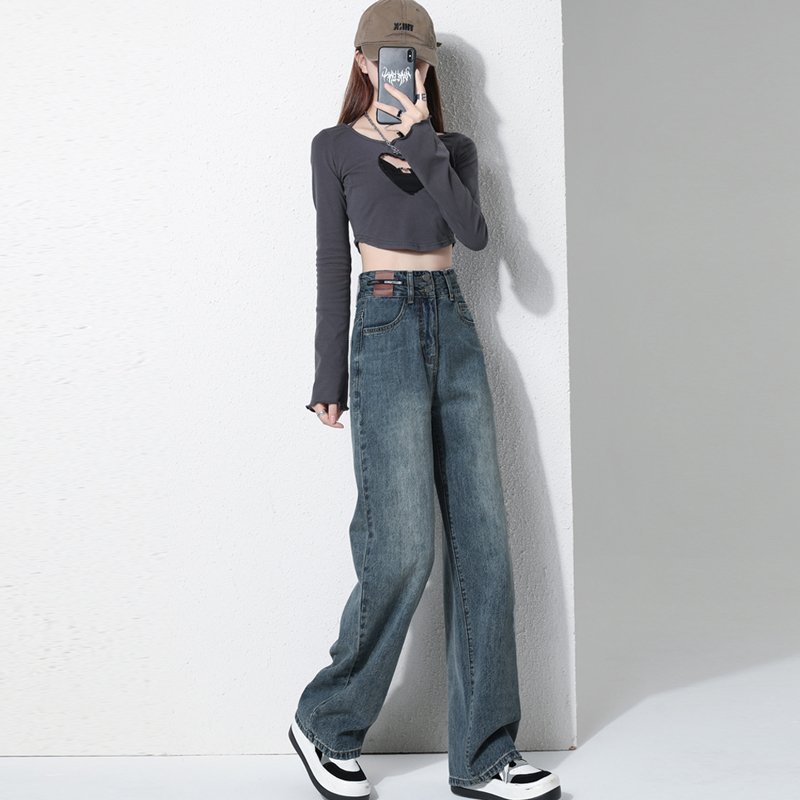 New autumn and winter velvet thickened high-waisted double-button straight jeans loose drapey wide-leg floor-length pants
