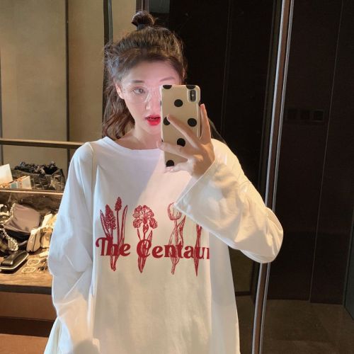 Pure cotton long-sleeved T-shirt for women 2024 new autumn and winter solid color loose bottoming shirt printed round neck top