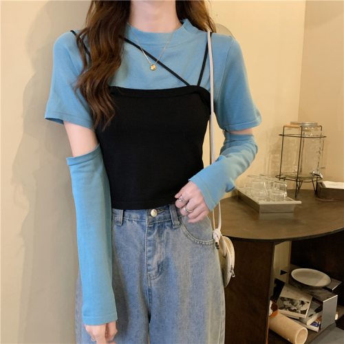 Air ins knitted two-piece set with irregular splicing suspenders long-sleeved knitted top