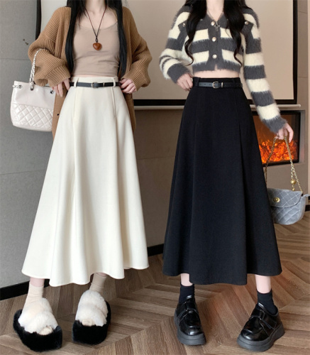 Korean style high-waist slim woolen pleated mid-length skirt, versatile loose A-line skirt with large hem