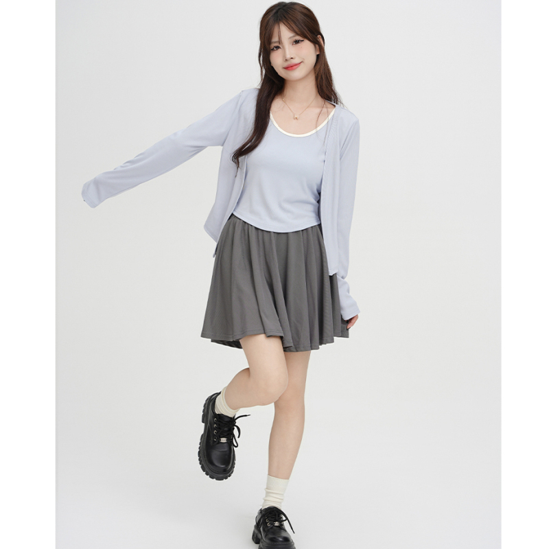 Early autumn wear contrasting color sweet and spicy suit long-sleeved small coat cardigan + inner camisole two-piece top for women