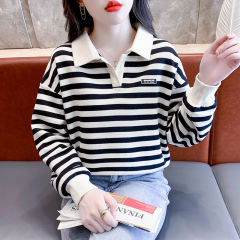 2024 new autumn Korean design niche loose sweatshirt women's polo collar striped top