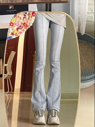 Spring and summer high-waisted slim jeans for women, stretchy, slim-fitting, washed, versatile, micro-flared trousers