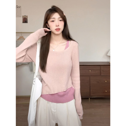 Unique and beautiful knitted bottoming shirt for early autumn new large size fat mm covering the flesh and showing slimming fake two-piece long-sleeved T-shirt top