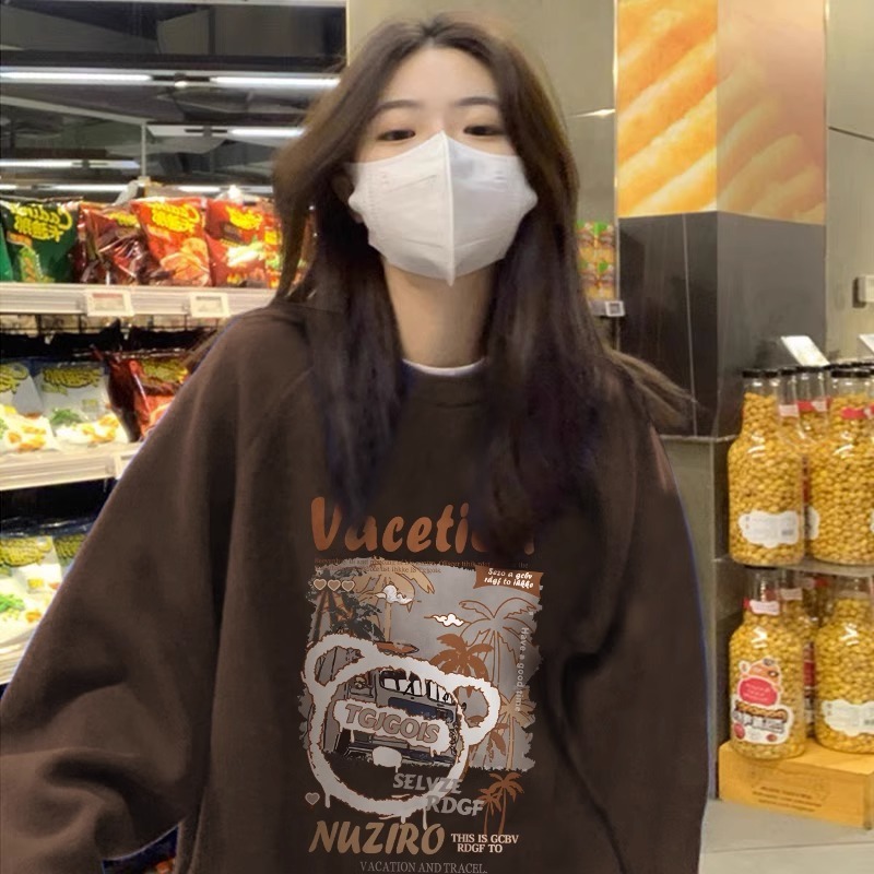 CVC cotton pasta wool Chinese cotton composite/thin 300g/plus velvet 400g front printed round neck sweatshirt for women