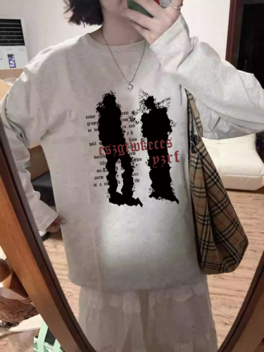 High quality pure cotton 200g 21 count combed precision printed autumn loose long sleeve T-shirt for women