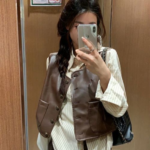 Korean retro sleeveless PU leather jacket women's 2024 spring and autumn new outer wear loose vest vest short top