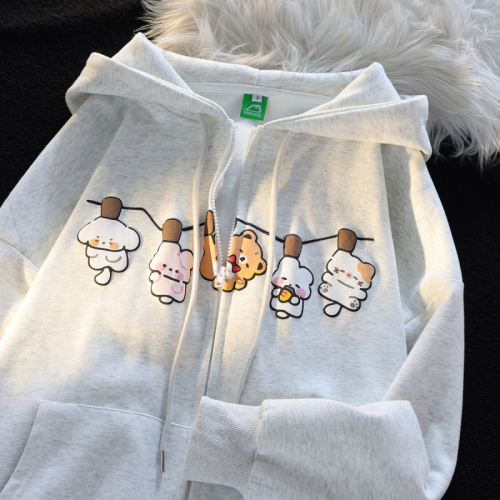 310 grams Chinese cotton compound milk silk + double hood back collar niche cartoon hooded sweatshirt women's autumn and winter long-sleeved jacket